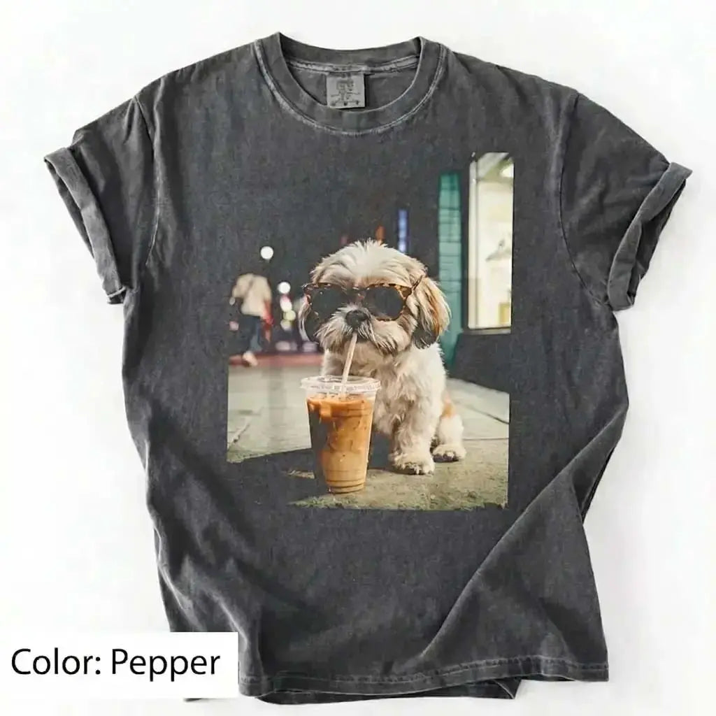 Unisex Graphic Tee Showcasing 50 Dog Breeds - Stylish Iced Coffee Design for Dog Enthusiasts