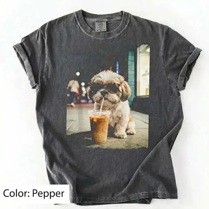 Unisex Graphic Tee Showcasing 50 Dog Breeds - Stylish Iced Coffee Design for Dog Enthusiasts