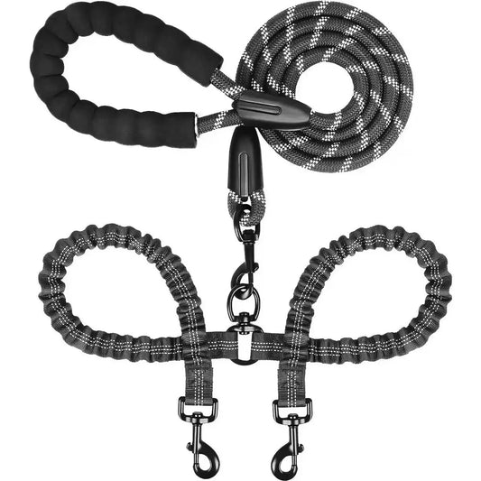 Premium Double Dog Leash with Tangle-Free Technology and Shock Absorption for Walking Two Dogs