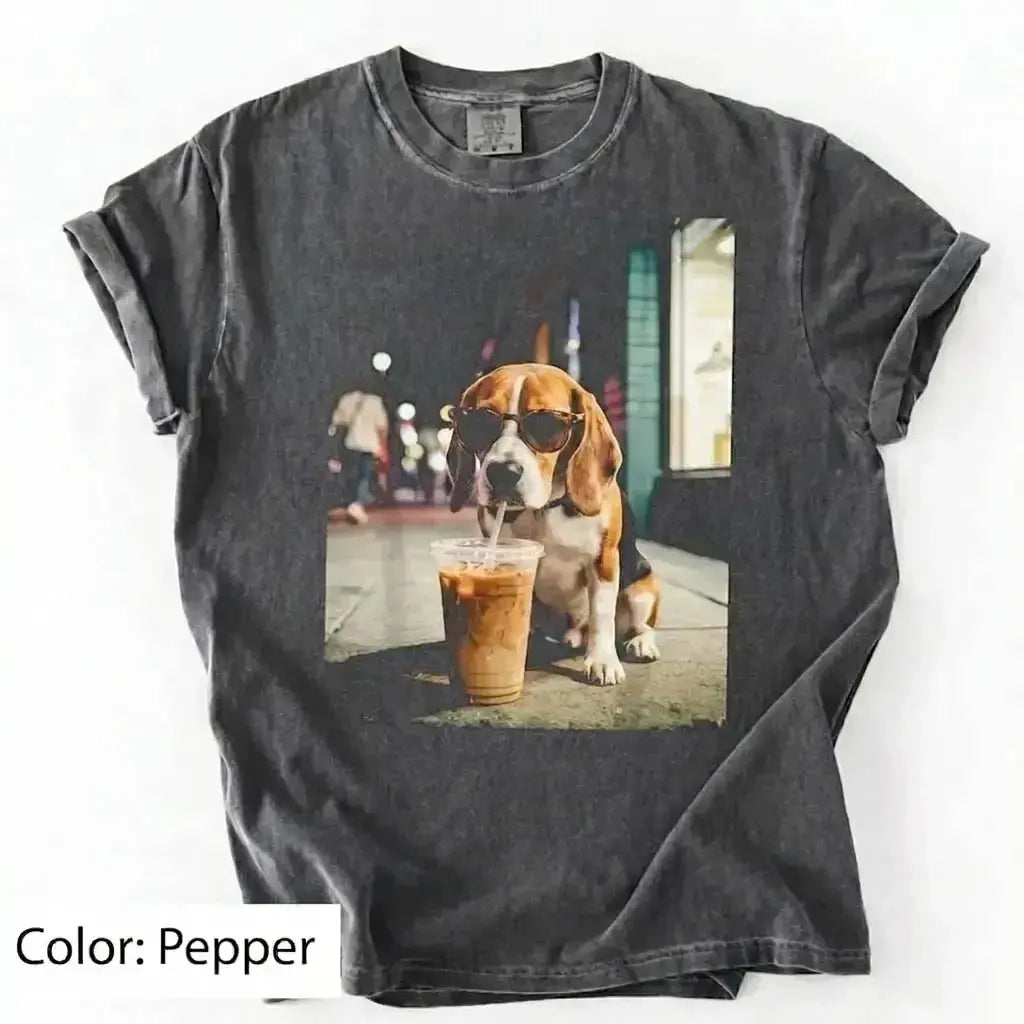Unisex Graphic Tee Showcasing 50 Dog Breeds - Stylish Iced Coffee Design for Dog Enthusiasts