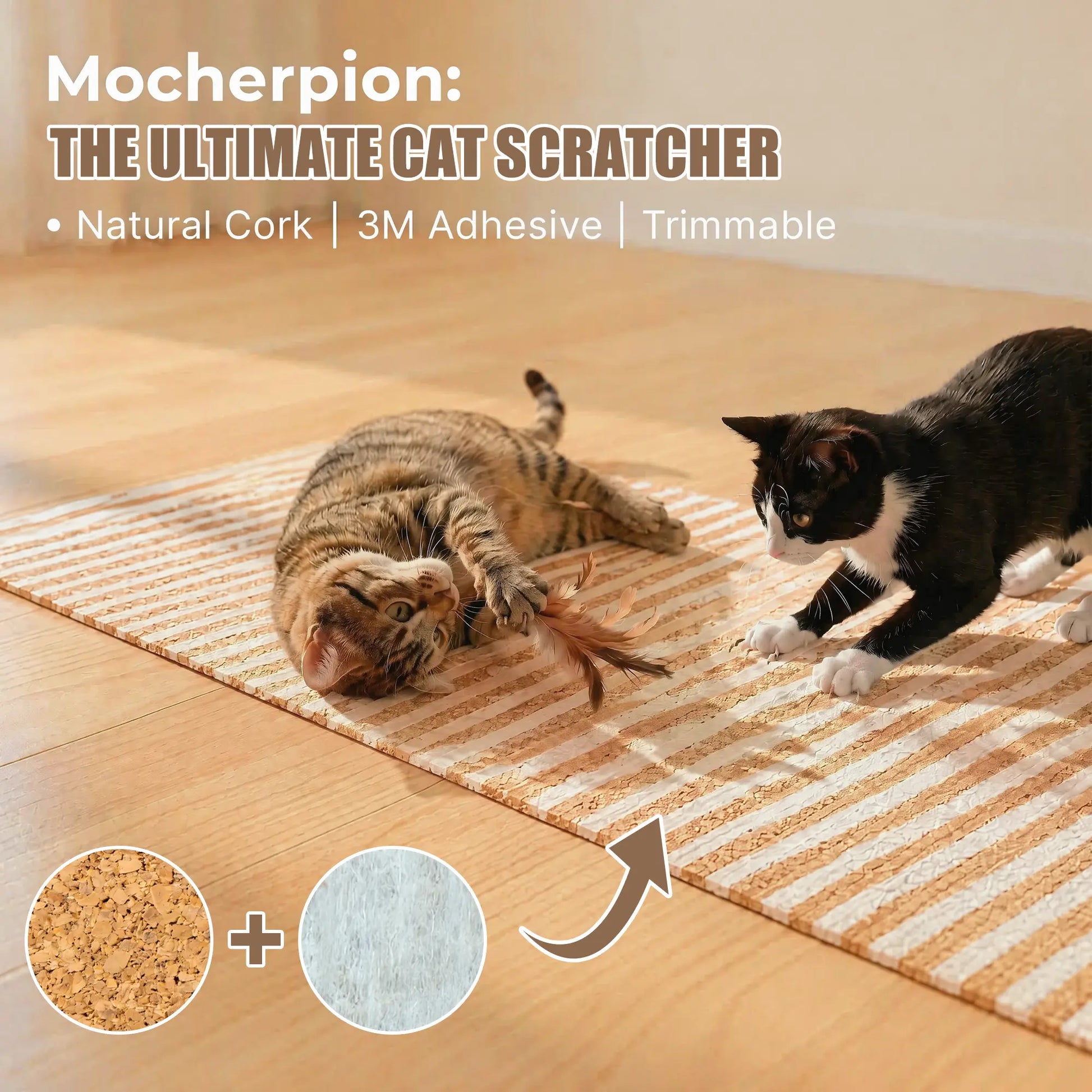 Mocherpion Eco-Friendly Natural Cork Cat Scratching Pad Mat - Enhanced Wall and Furniture Protector with Customizable Design and Strong 3M Adhesive