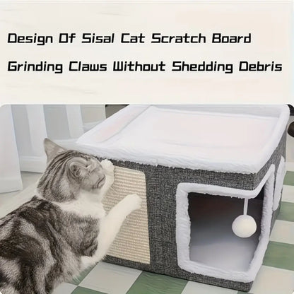 Indoor Cat Bed with Spacious Entry, Foldable Design, Round Windows, and Reversible Double-Sided Cushions, Supports Up to 30 Pounds, Ideal for All Seasons