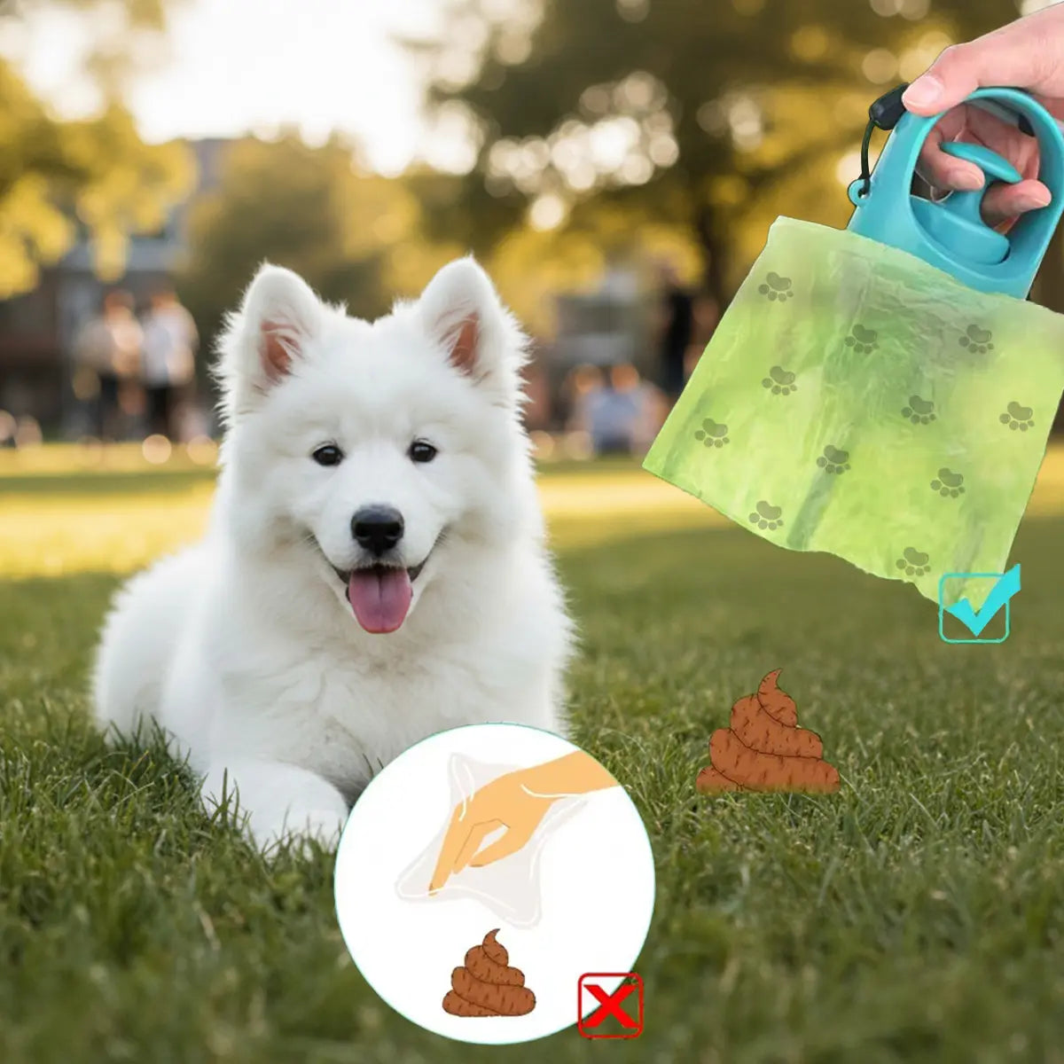 Portable No-Touch Dog Waste Scooper with Teal Green Claw Design, Includes 15 Bag Attachments and Leak-Proof Storage Container