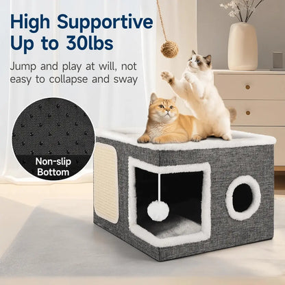 Indoor Cat Bed with Spacious Entry, Foldable Design, Round Windows, and Reversible Double-Sided Cushions, Supports Up to 30 Pounds, Ideal for All Seasons