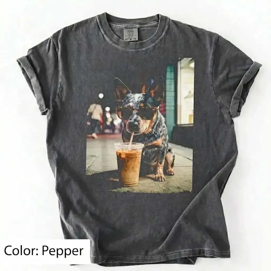 Unisex Graphic Tee Showcasing 50 Dog Breeds - Stylish Iced Coffee Design for Dog Enthusiasts