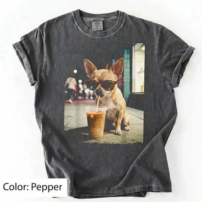 Unisex Graphic Tee Showcasing 50 Dog Breeds - Stylish Iced Coffee Design for Dog Enthusiasts