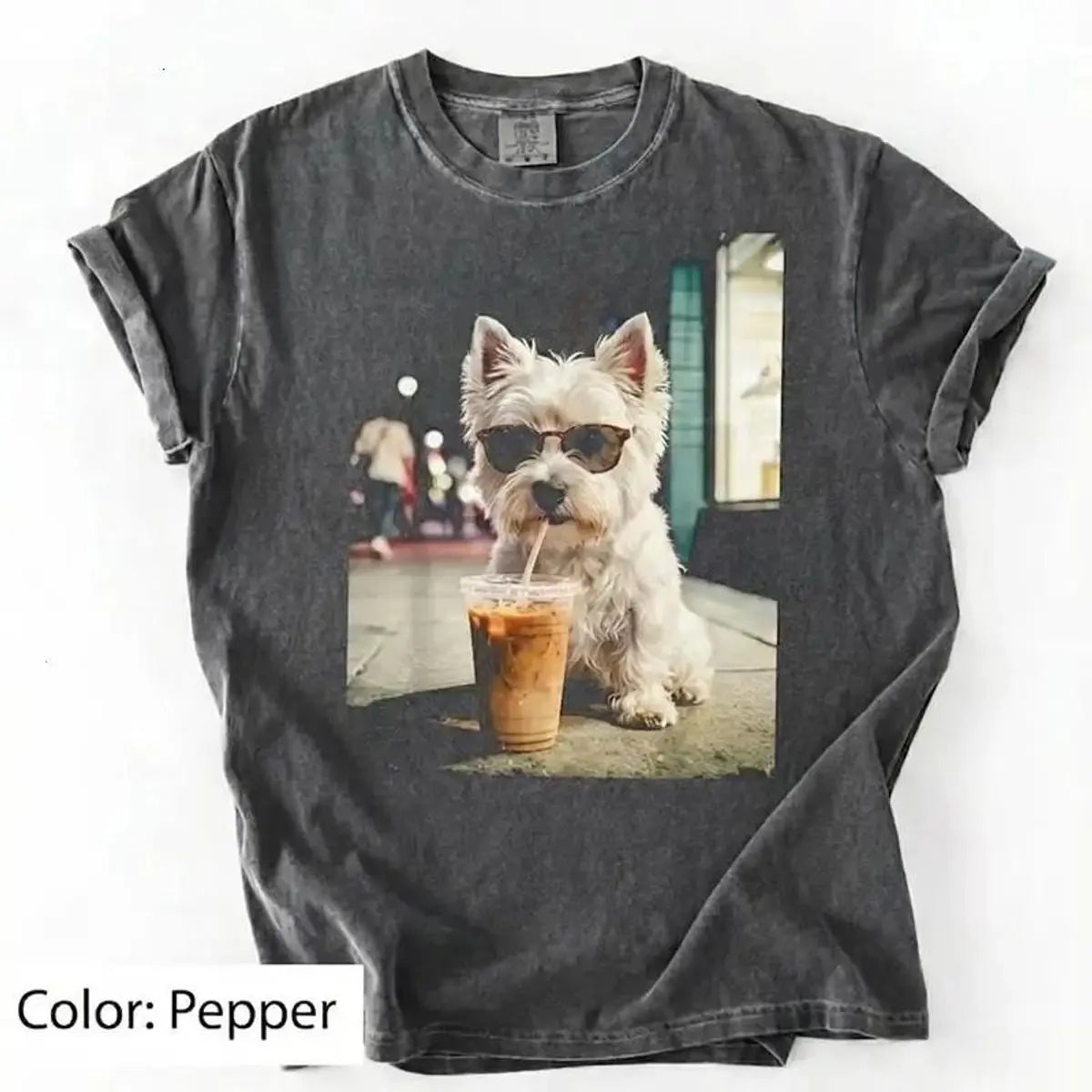 Unisex Graphic Tee Showcasing 50 Dog Breeds - Stylish Iced Coffee Design for Dog Enthusiasts