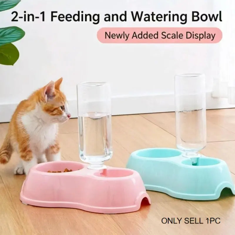 Durable Non-Slip Dual Pet Bowl with Integrated Water Dispenser - Easy to Clean Feeding Solution for Cats and Dogs