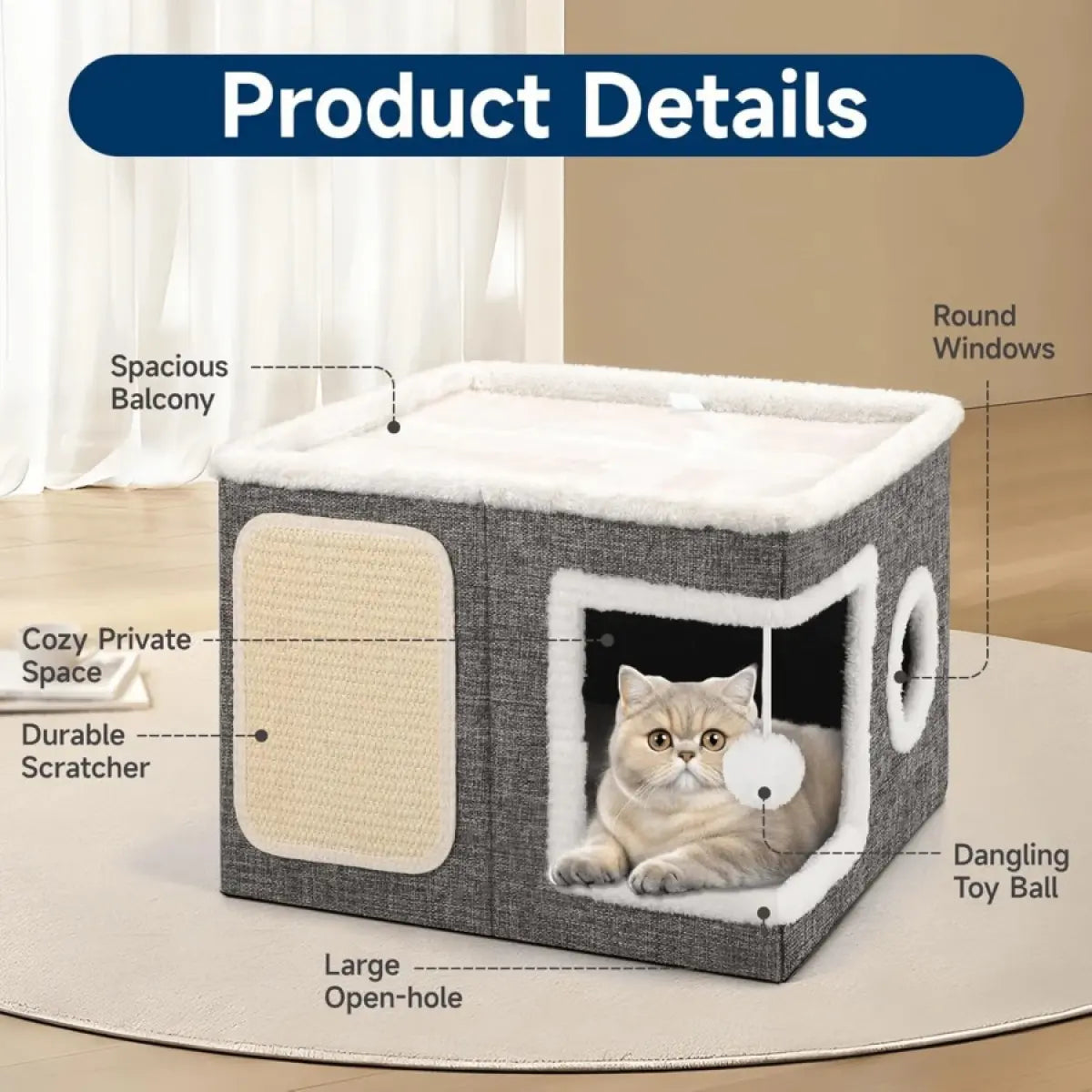 Indoor Cat Bed with Spacious Entry, Foldable Design, Round Windows, and Reversible Double-Sided Cushions, Supports Up to 30 Pounds, Ideal for All Seasons