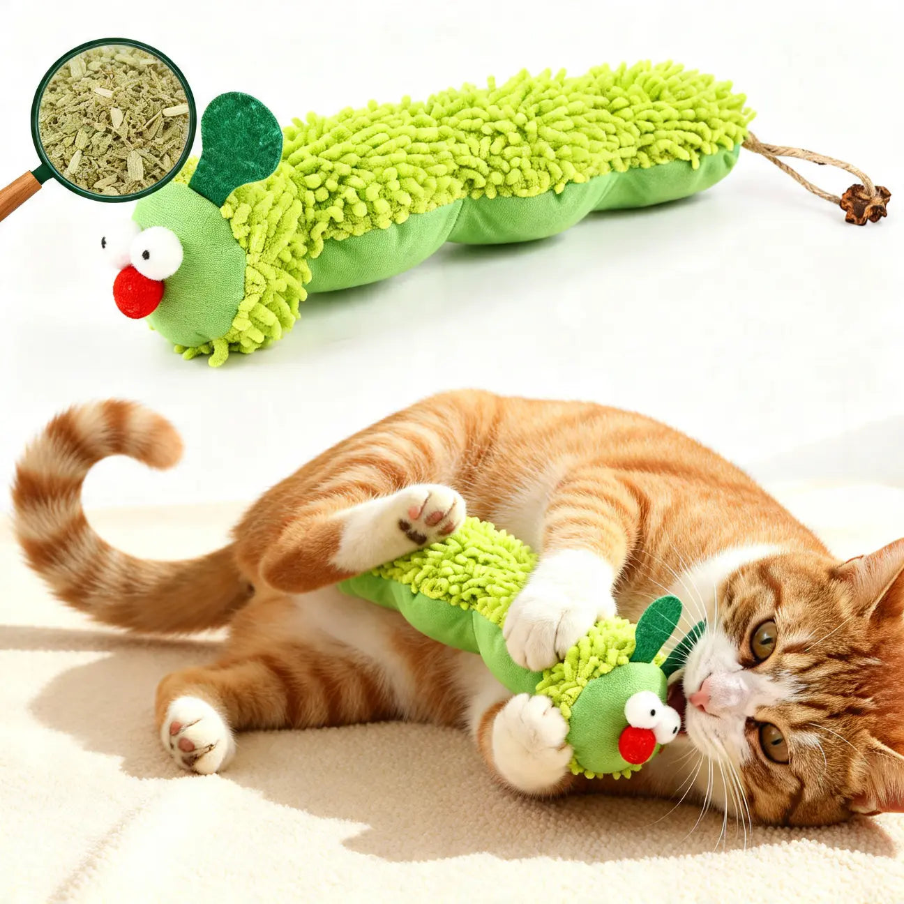 Catnip Caterpillar Plush Pillow - Interactive Crinkle Sound Toy with Catnip Head and Silvervine Tail for Indoor Cats