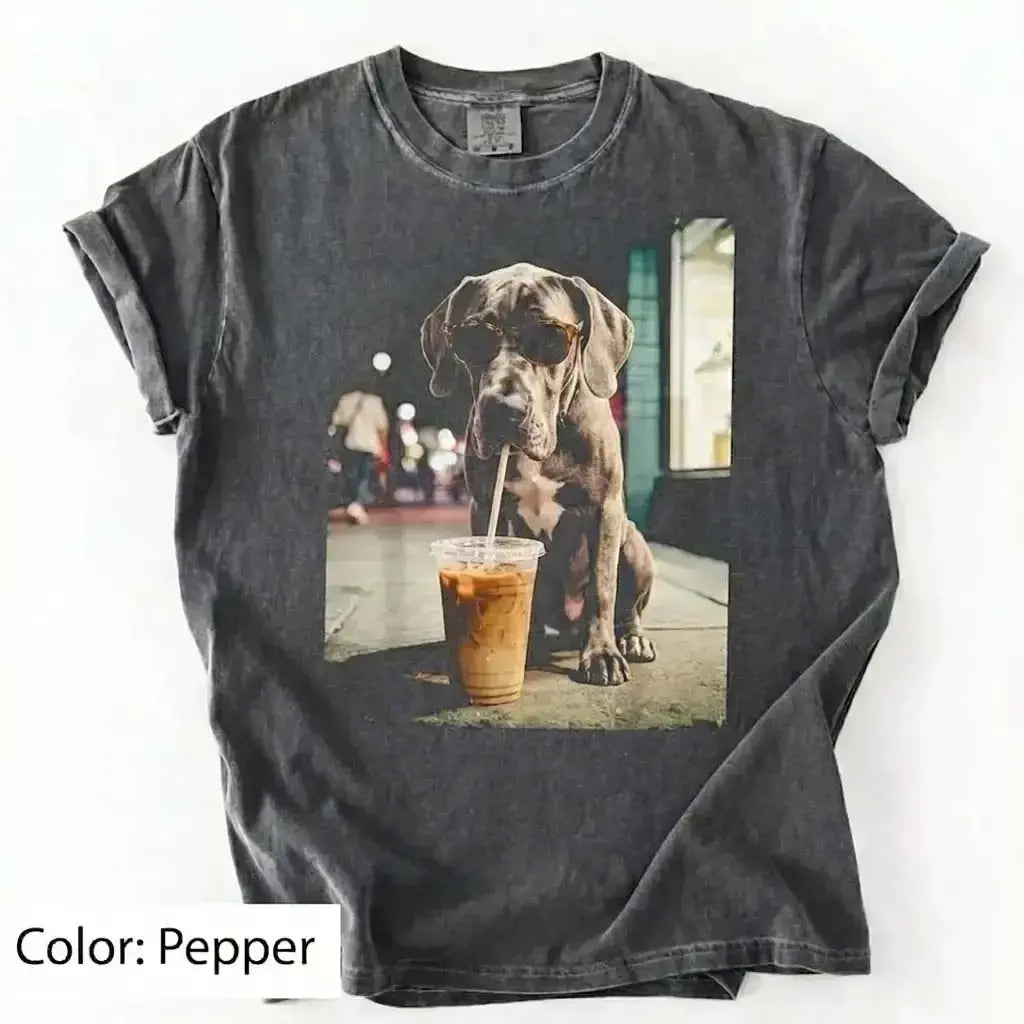 Unisex Graphic Tee Showcasing 50 Dog Breeds - Stylish Iced Coffee Design for Dog Enthusiasts