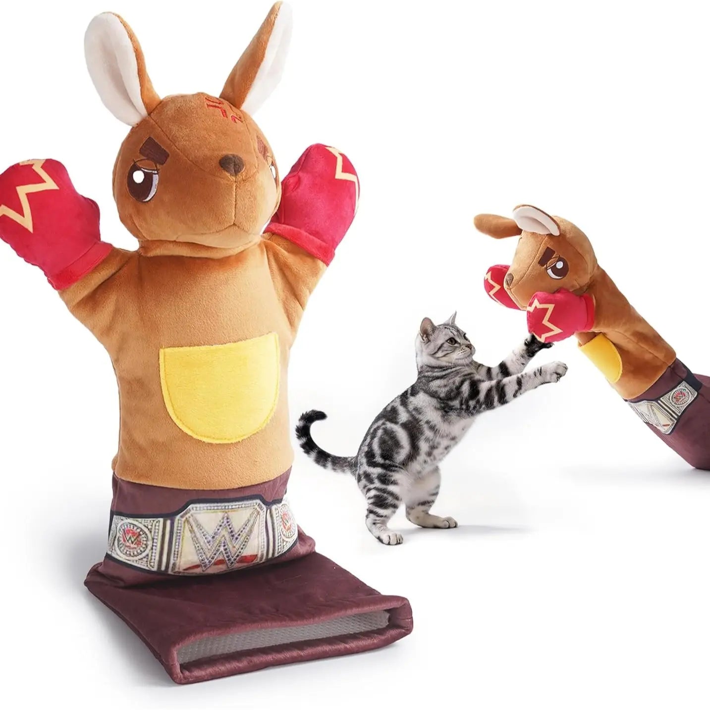 PURETOY Rumble Roo Cat Wrestling Toy - 22-Inch Kangaroo Puppet with Catnip Pouches and Treat Pocket, Includes Reinforced Protective Glove for Interactive Play, Ideal Bonding Toy for Cats of All Ages
