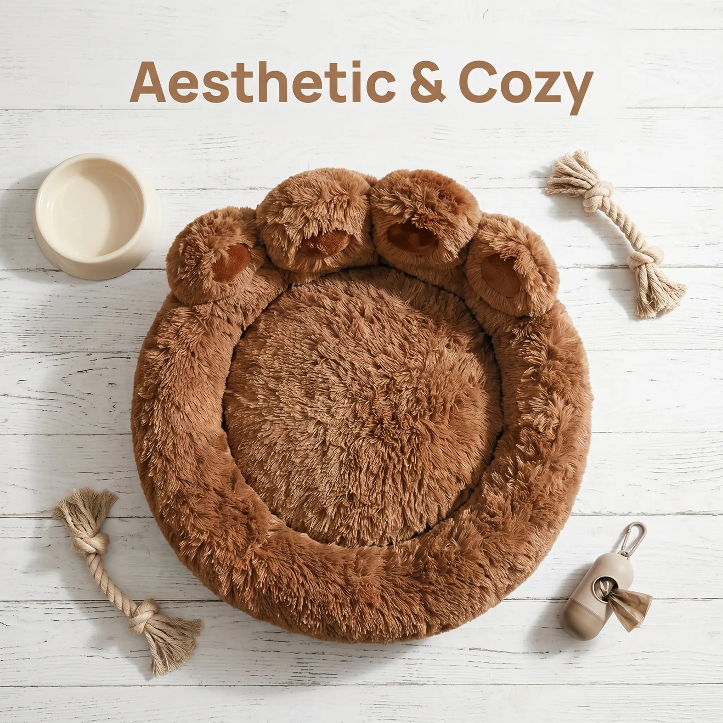 Plush Bear Paw Shaped Calming Pet Bed for Dogs and Cats, Warm and Soft with Removable Washable Cushion and Non-Slip Bottom, Available in Khaki, Gray, and Pink, Sizes 35.4in and 43.3in