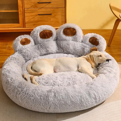 Plush Bear Paw Shaped Calming Pet Bed for Dogs and Cats, Warm and Soft with Removable Washable Cushion and Non-Slip Bottom, Available in Khaki, Gray, and Pink, Sizes 35.4in and 43.3in