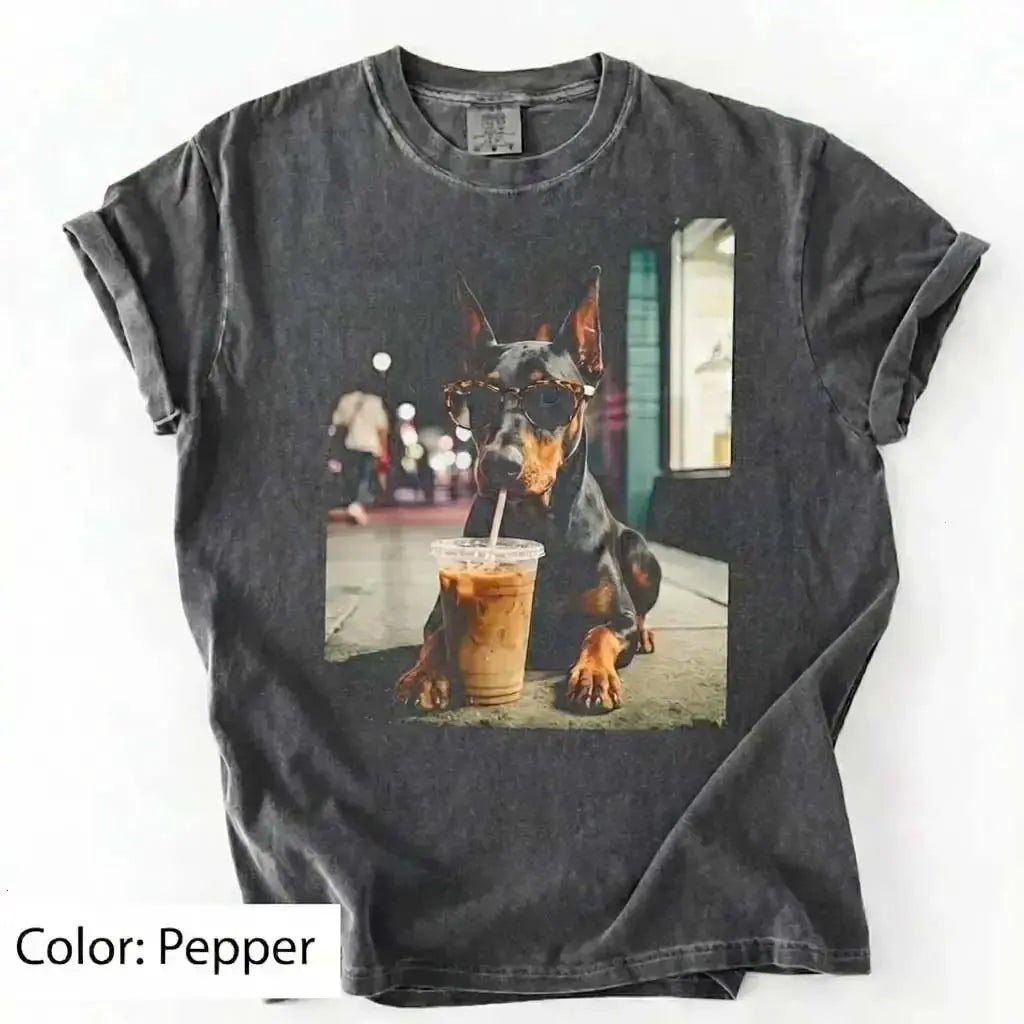 Unisex Graphic Tee Showcasing 50 Dog Breeds - Stylish Iced Coffee Design for Dog Enthusiasts