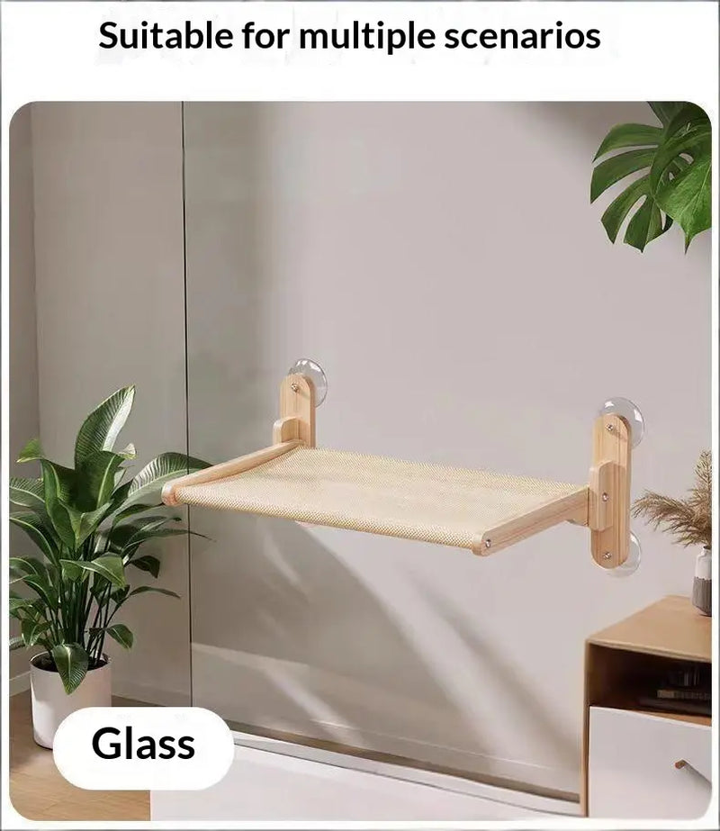 Foldable Solid Wood Cat Window Perch with Heavy-Duty Suction Cup Hammock - Space-Saving Design and Breathable Mesh for Large Cats