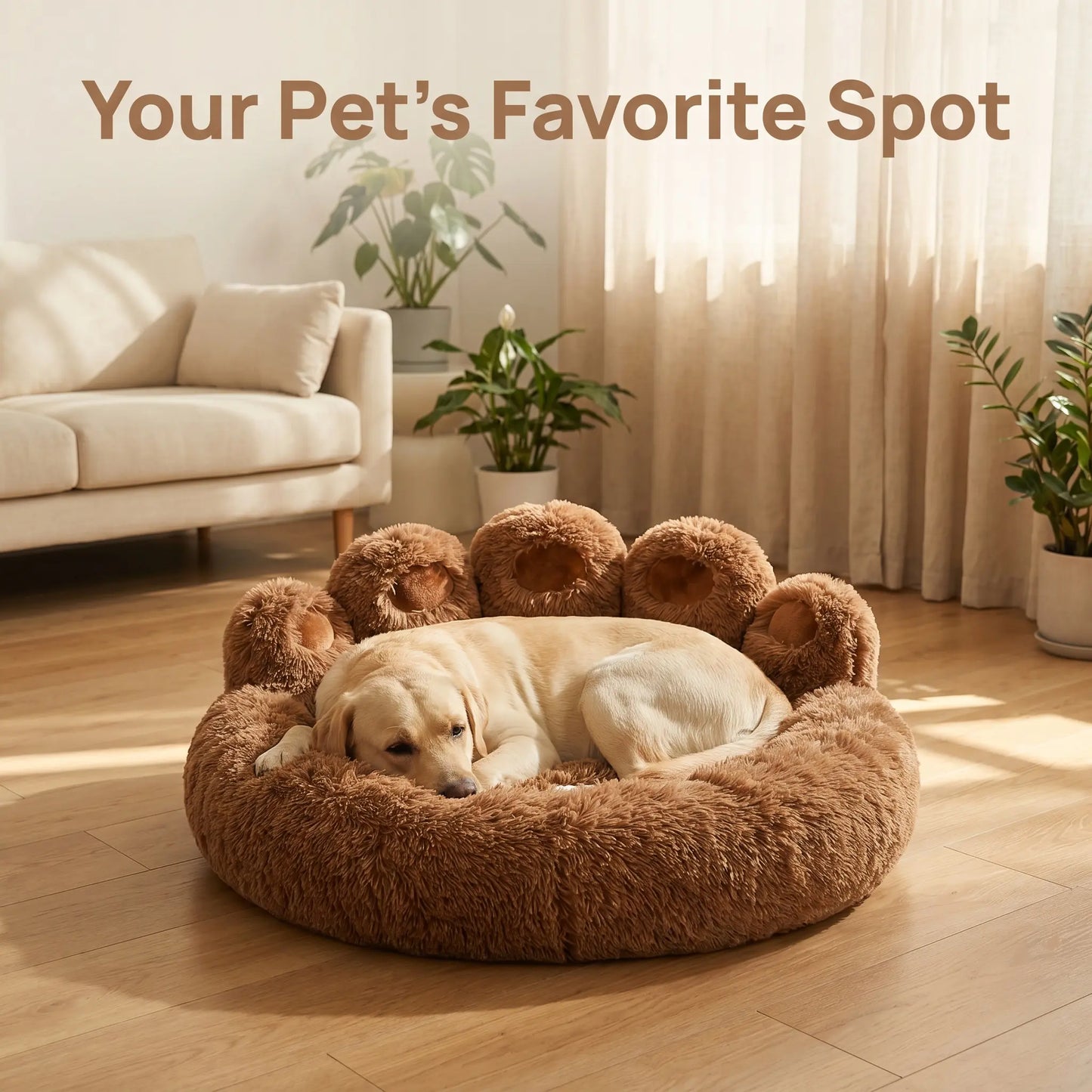 Plush Bear Paw Shaped Calming Pet Bed for Dogs and Cats, Warm and Soft with Removable Washable Cushion and Non-Slip Bottom, Available in Khaki, Gray, and Pink, Sizes 35.4in and 43.3in