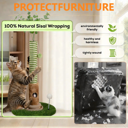 39-Inch Interactive Cat Scratching Post with Eucalyptus Leaves - 4-in-1 Cat Tree Tower with Toy Balls - Modern Indoor Pet Furniture for Living Room - Sisal Rope Scratch Post