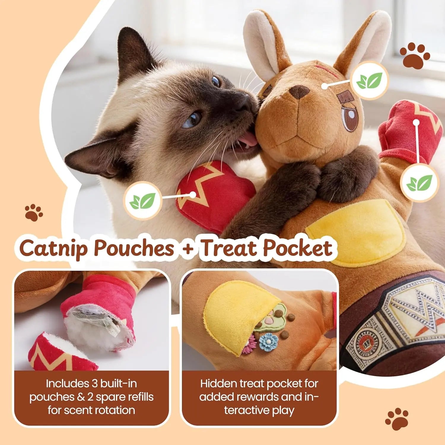 PURETOY Rumble Roo Cat Wrestling Toy - 22-Inch Kangaroo Puppet with Catnip Pouches and Treat Pocket, Includes Reinforced Protective Glove for Interactive Play, Ideal Bonding Toy for Cats of All Ages